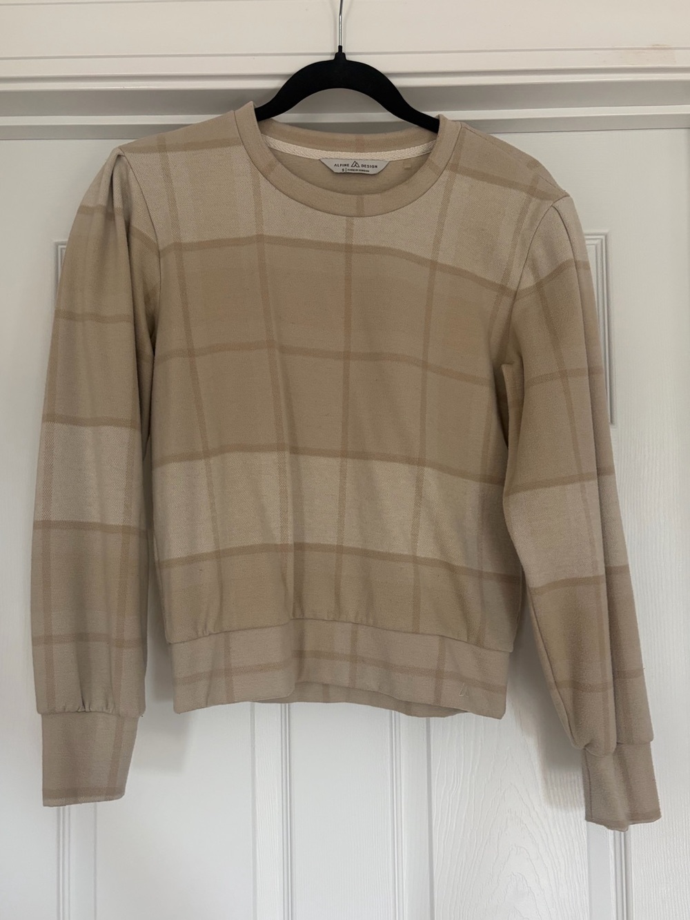 Beige Windowpane Plaid Crewneck Sweater